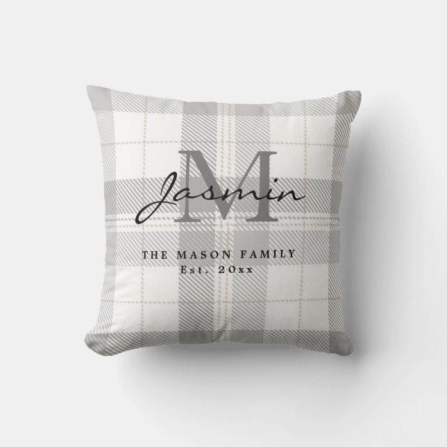 Tartan Rutigt Grått Vitt Familjenamn Monogram Kudde (Framsida)