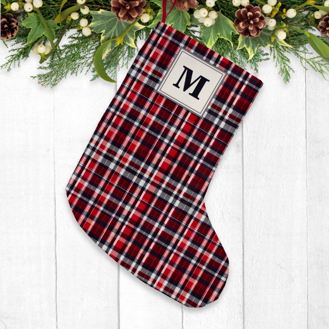 Tartan Rutigt Mönstrad Stilfull Festiv Monogrammer Liten Julstrumpa (An elegant monogrammed Christmas stocking, with tartan plaid pattern in red, gray and white)