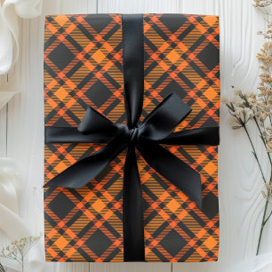 Tartan Rutigt Svart Och Orange Halloween Mönster Presentpapper