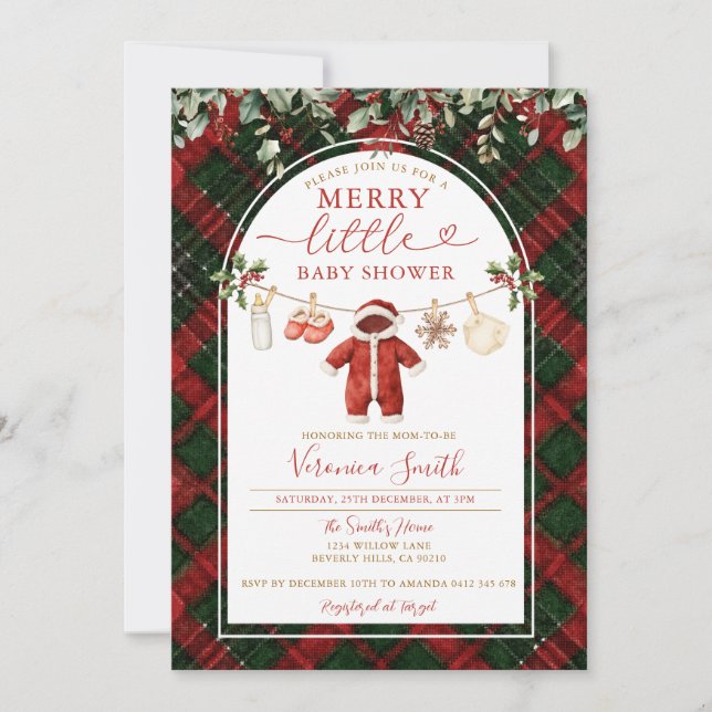 Tartan Santa Clothesline Merry Little Baby Shower Inbjudningar (Framsida)