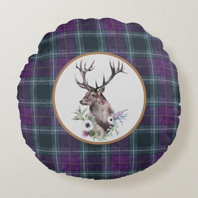 Tartan Stag Scottish ThMeed Rund Kudde (Framsidan)