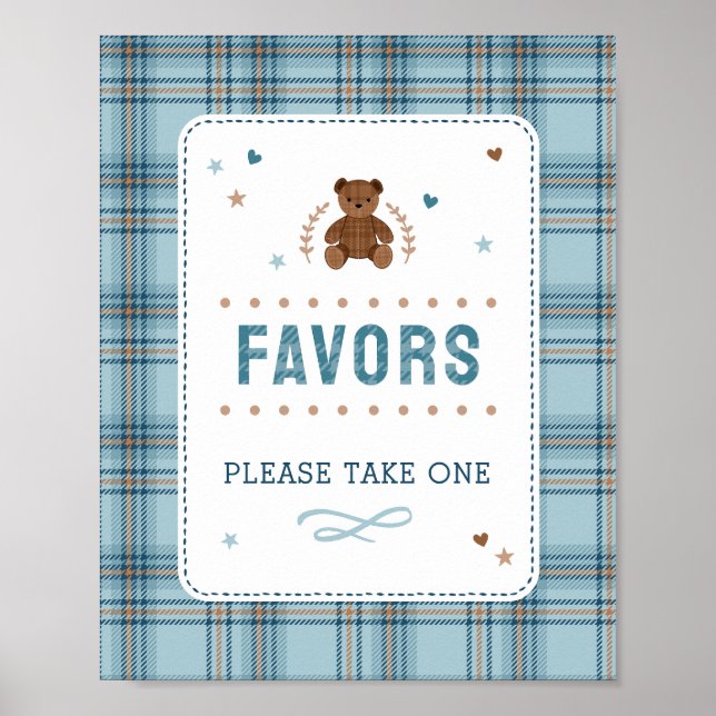Tartan Teddy Bear, Baby Boy Shower FAVOR SIGN Poster (Framsidan)