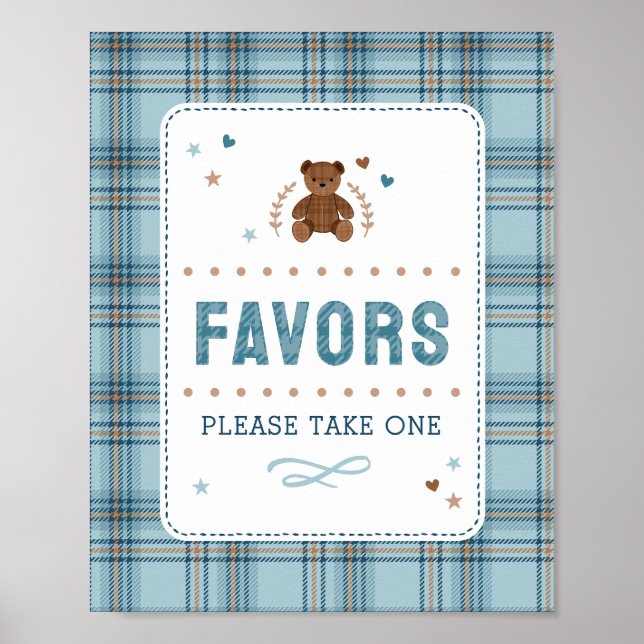 Tartan Teddy Bear, Baby Boy Shower FAVOR SIGN Poster (Framsidan)