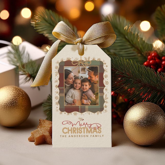Tartan Trim Christmas One Photo Template ID1141A Presentetikett (Skapare uppladdad)