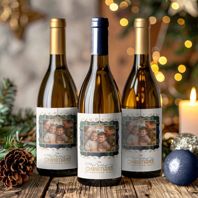 Tartan Trim Christmas One Photo Template ID1141B Vinflaska Etikett (Skapare uppladdad)