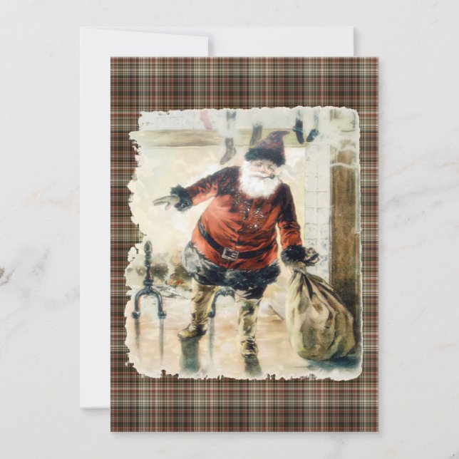 Tartan Vintage Jultomten Inbjudningar (Framsida)