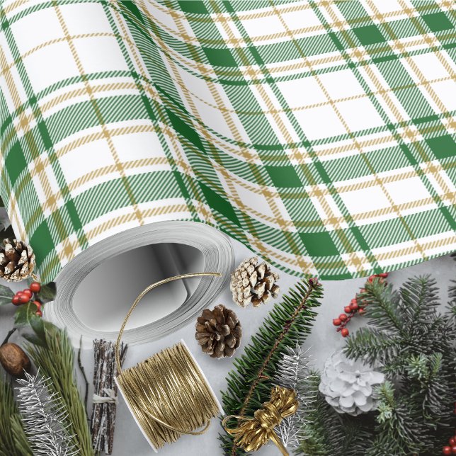 Tartan - White-Grönt-Caramel Guld Presentpapper (Tartan - White-Green-Caramel Gold Wrapping Paper by Leapfroglisics Shop)