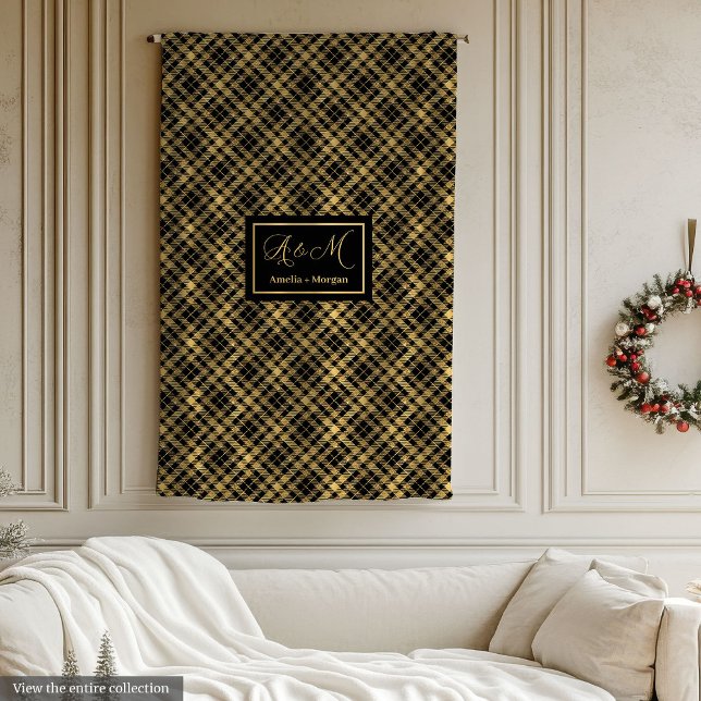 Tartanfilt Svart Guld Vinteraccent Fleecefilt (Tartan Blanket Custom Black Gold Winter Accent)
