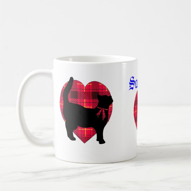 Tartanhjärtor & lycklig svart kattmugg kaffemugg (Vänster)