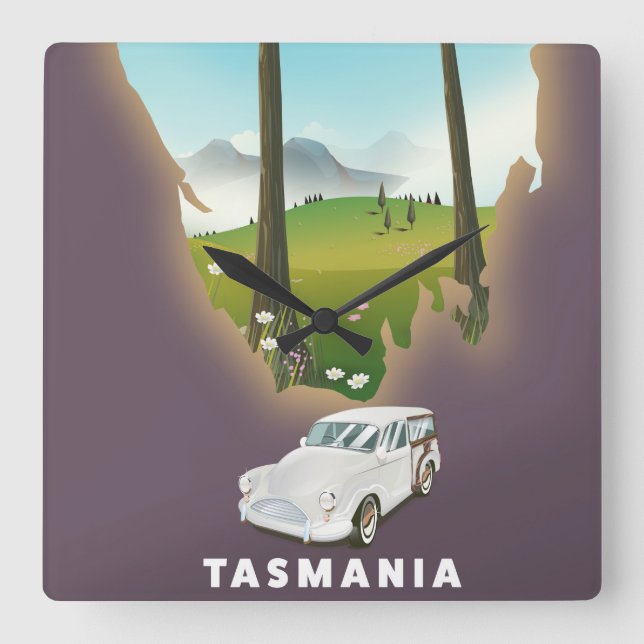 Tasmania illustrerade reseaffischen i karta. fyrkantig klocka (Framsida)