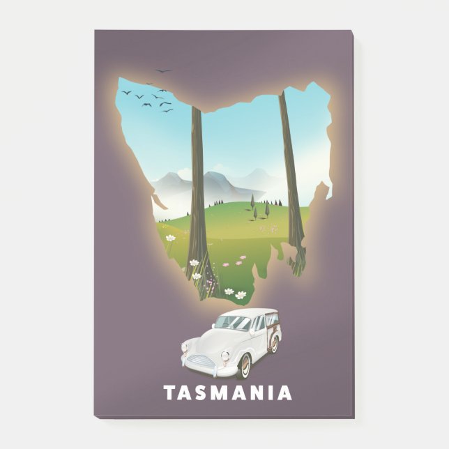 Tasmania illustrerade reseaffischen i karta. post-it block (Framsida)
