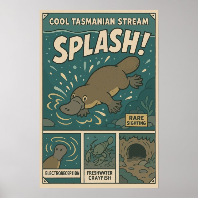 Tasmanian Platypus Splash Retro Art Poster (Framsidan)