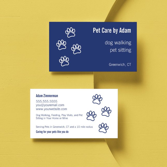 Tass avtryck Dog Walker Pet Sitter Mörk blått Visitkort (Pet Care Dog Walker Dog Sitter  Paw Print Business Card in Dark Blue)