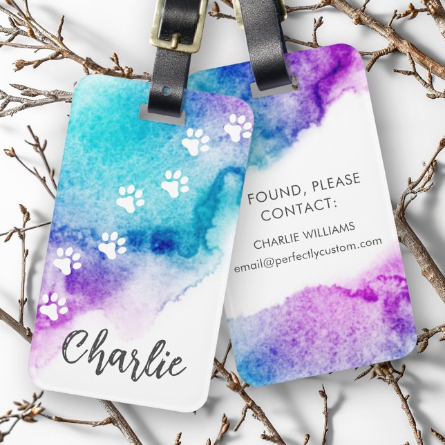Tass avtryck lila Vattenblått vattenfärgsfärg Bagagebricka (Paw prints purple aqua blue watercolor paint luggage tag)