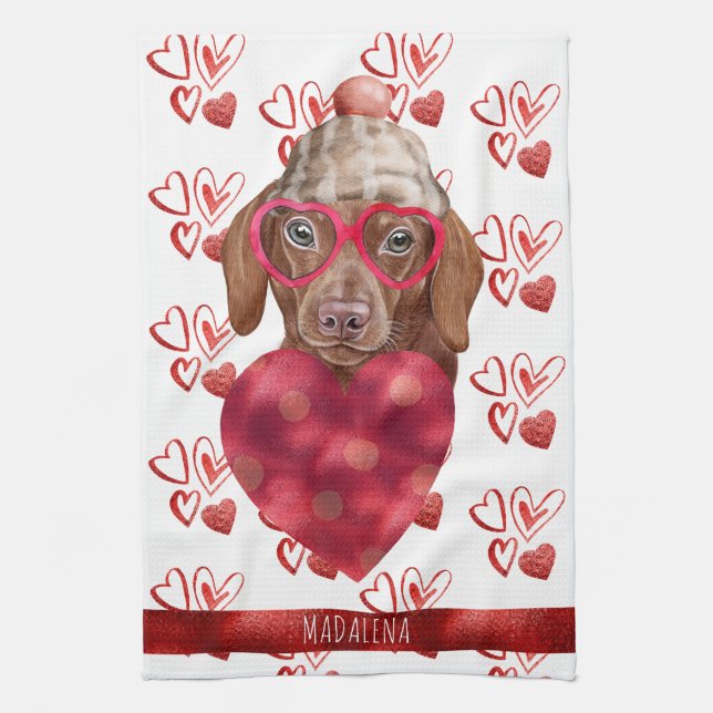 Tass Hund älskare Valentine Gift Brown Dachshund Kökshandduk (Vertikal)
