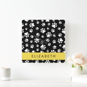 Tass Mönster, Hund, Tassar, Svartvit, ditt namn Fyrkantig Klocka