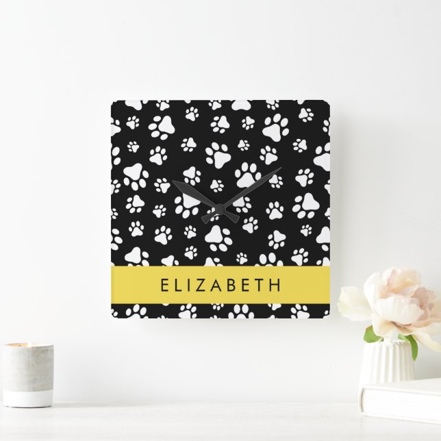 Tass Mönster, Hund, Tassar, Svartvit, ditt namn Fyrkantig Klocka (Hem)