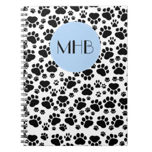 Tass Mönster, Hund, Tassar, Svartvit, Monogram Anteckningsbok Med Spiral