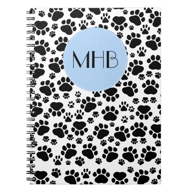 Tass Mönster, Hund, Tassar, Svartvit, Monogram Anteckningsbok Med Spiral (Framsidan)