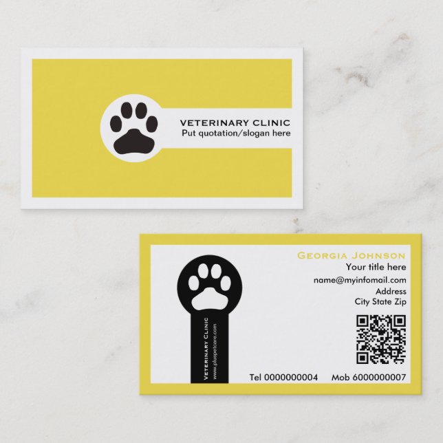 Tass och QR-kod gul veterinärklinik  Visitkort (Fram/baksida)