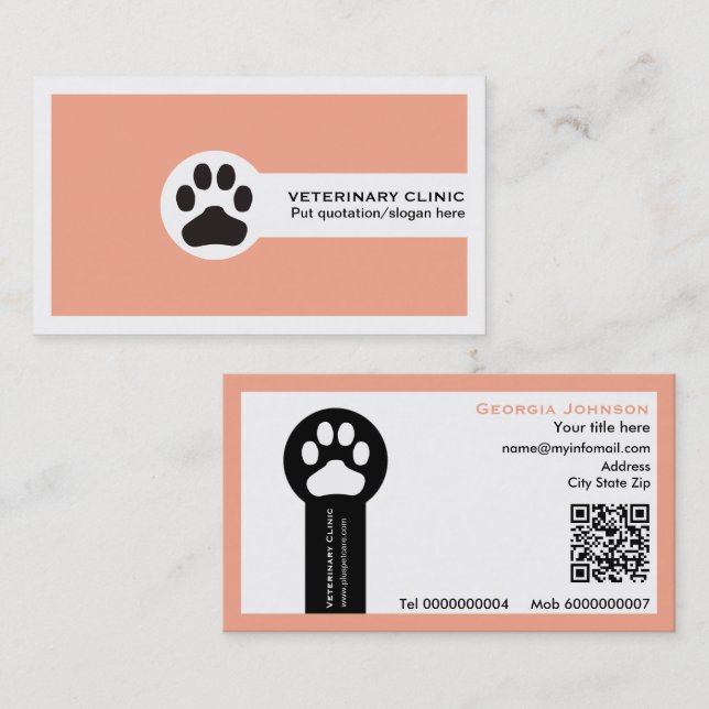 Tass och QR-kod persika Veterinärklinik  Visitkort (Fram/baksida)