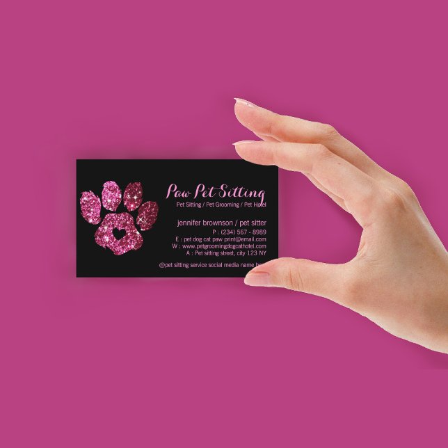 Tass Pet Sitter Grooming Glitter Rosa Black Hund Visitkort (Paw Pet Sitter Grooming Glitter Pink Black Dog Cat Business Card)