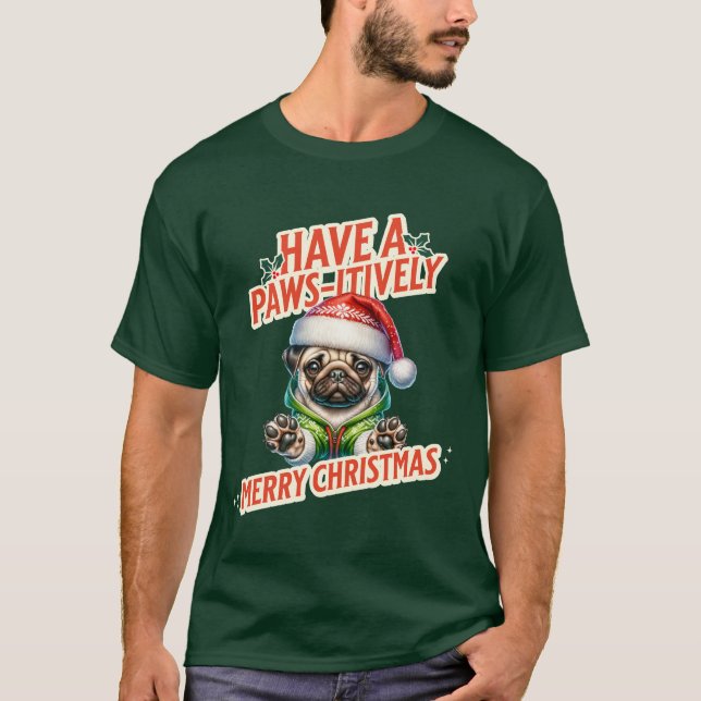 Tassar aktivt God jul Pug Helgdag T Shirt (Framsida)