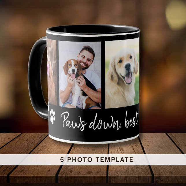 Tassar Down Best Hund Pappa 5 Photo Collage Black Mugg (Paws Down Best Dog Dad 5 Photo Collage Black Mug)