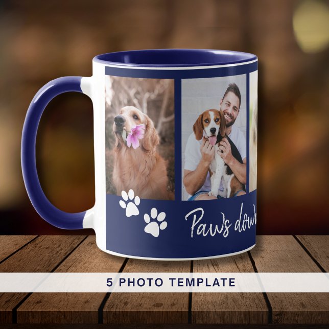 Tassar nedåt, bästa Hund Pappa 5, fotokollage blå Mugg (Paws Down Best Dog Dad 5 Photo Collage Blue Mug)