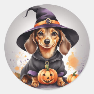 Tassar & Potions: Dachshund Witch på en Pumpkin Runt Klistermärke