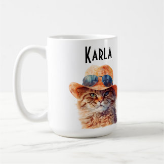 Tasse a café chat roux avec chapeau et lunette. kaffemugg