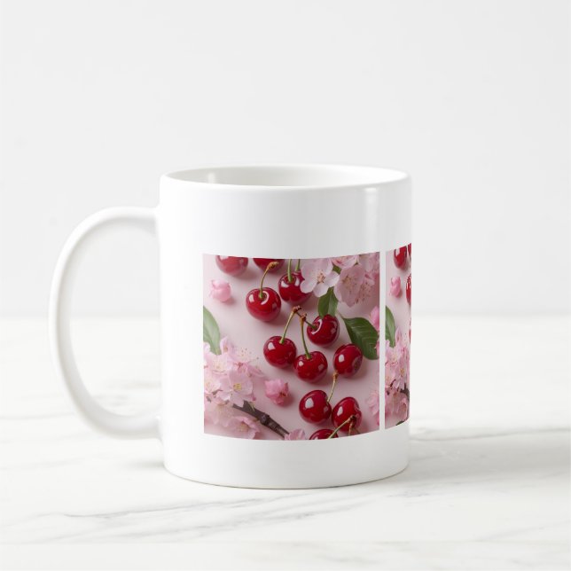Tasse Cerises Rouges & Fleurs de Cerisier – Mug en Kaffemugg (Vänster)