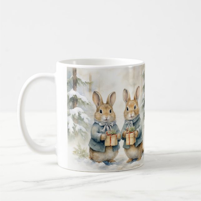 Tasse de Noël illustrée de jolis lapins. Kaffemugg (Vänster)