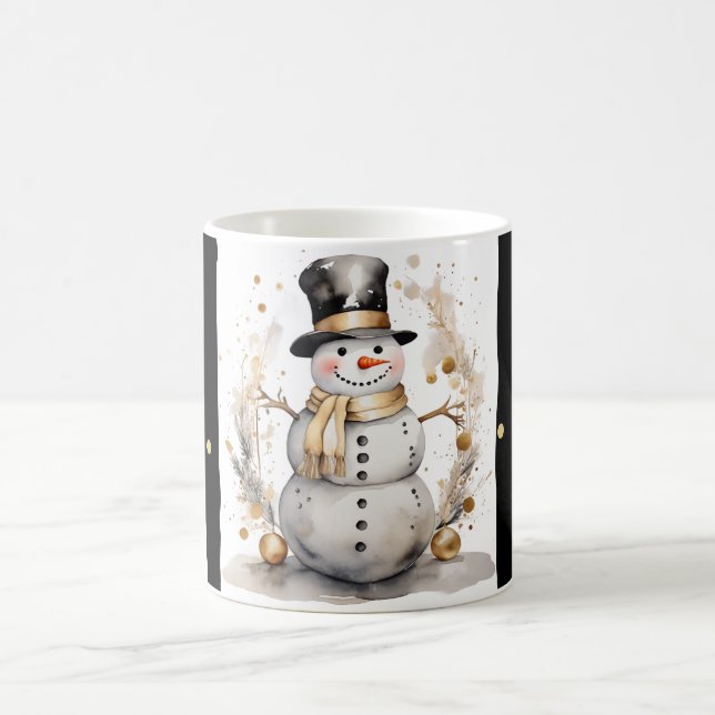 Tasse Snowman Watercolor Stripes Black Gold Var01 Kaffemugg (Center)