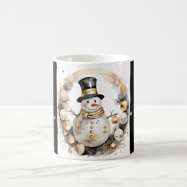 Tasse Snowman Watercolor Stripes Black Gold Var07 Kaffemugg (Center)