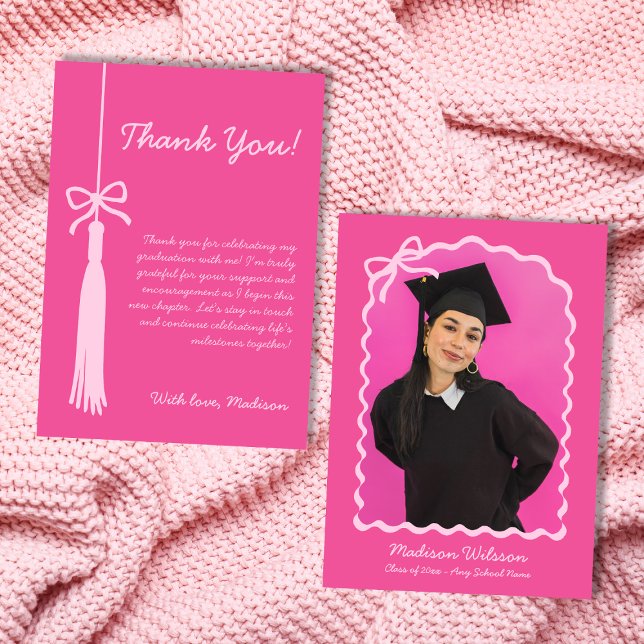 Tassel & Bow Rosa Grad Photo 2025 Studenten Tack Kort (Tassel & Bow Pink Grad Photo 2025 Graduation Thank You Card)