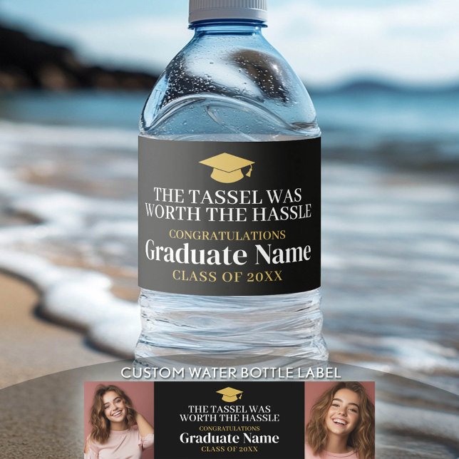 Tassel var värd Hassle Modern Studenten 2-foto Vattenflaskor Etikett (Custom Graduation Water Bottle Label)