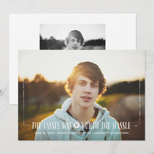 Tassel värd Hassle i White Grad Announcement Inbjudningar (Fram/baksida)