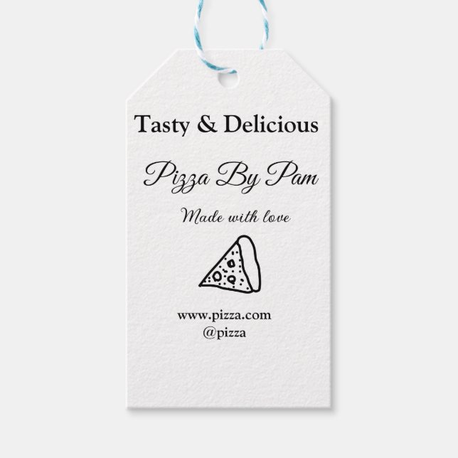 Tasty pizzarestaurangcafe tillverkad med kärlek ad presentetikett (Framsidan)