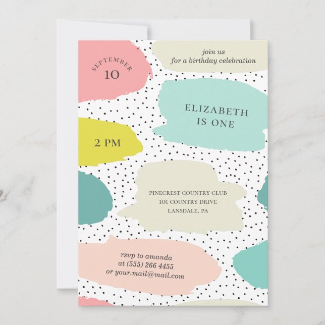 Täta penseldrag. Rosa och mynta barns födelsedag Inbjudningar (Framsida)