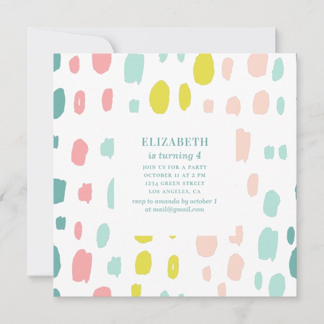 Täta penseldrag. Rosa och mynta barns födelsedag Inbjudningar (Framsida)