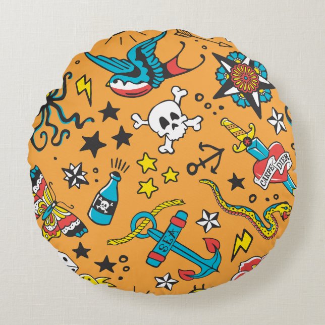 Tatto old school: Cute Seamless Rund Kudde (Framsidan)