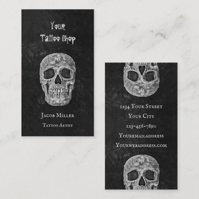 Tatto Shop Gothic Black and White Skull Head Visitkort (Fram/baksida)