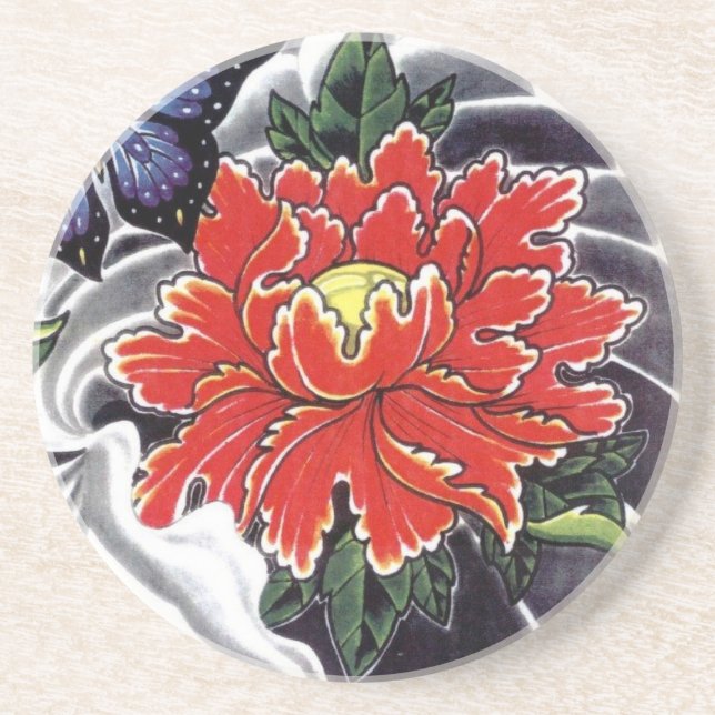 Tattodesign för Peony Flower Underlägg Sandsten (Framsidan)