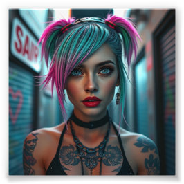 Tattoed Punk Girl med Neon Hair i Urban Alley Fototryck