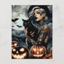 Tattoed Witch med svart katt och full måne