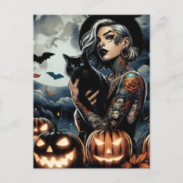 Tattoed Witch med svart katt och full måne Vykort