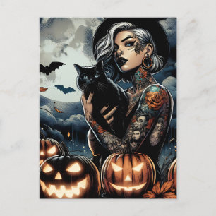 Tattoed Witch med svart katt och full måne Vykort