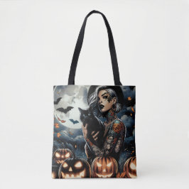 Tattoed Witch och Black Cat Full Moon Halloween Tygkasse