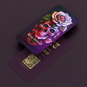 Tattoo Artist Blommigt Skull Black Lila Modern Visitkort